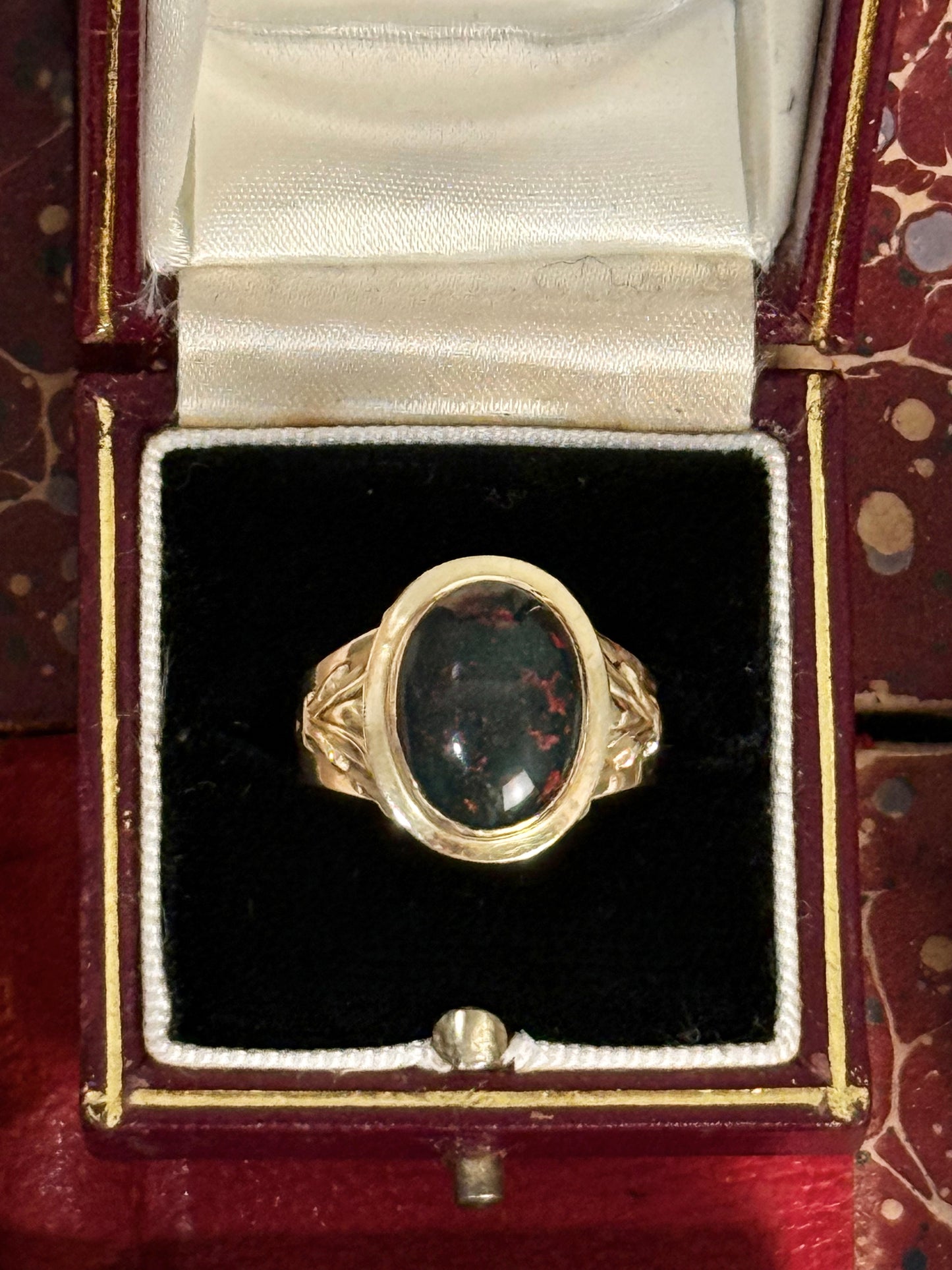Amelia // 19th Century Bloodstone Cabochon Ring, 14k Yellow Gold