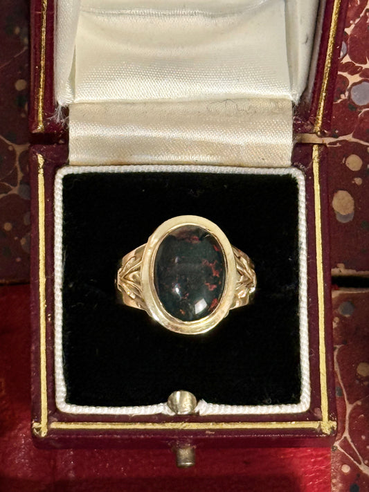 Amelia // 19th Century Bloodstone Cabochon Ring, 14k Yellow Gold
